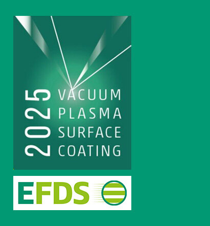 V2025 logo with the caption “Vacuum, Plasma, Surface, Coating” and EFDS logo on a green background.