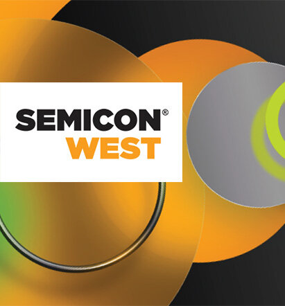 Teaser graphic for SEMICON West featuring circular elements and high-contrast logo in black and orange.